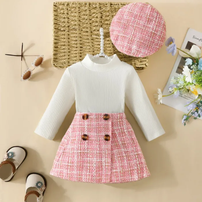 Toddler Baby Girl Skirt Set Fall Clothes Ribbed Tops Houndstooth Mini Skirt Dress Hat 3pcs Winter Outfits