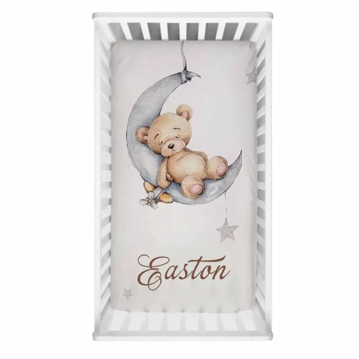 LVYZIHO Sleeping Bear Custom Name Crib Sheet Set, Sleeping Bear Sleep on Moon Crib Bedding Set, Baby Shower Gift Bedding Set - Image 2