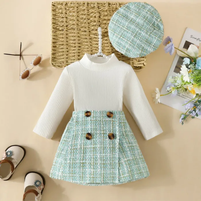 Toddler Baby Girl Skirt Set Fall Clothes Ribbed Tops Houndstooth Mini Skirt Dress Hat 3pcs Winter Outfits - Image 2