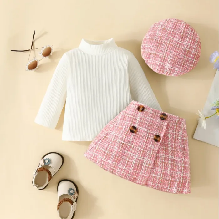 Toddler Baby Girl Skirt Set Fall Clothes Ribbed Tops Houndstooth Mini Skirt Dress Hat 3pcs Winter Outfits - Image 3