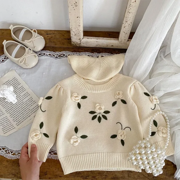 Autumn New Baby Clothing, 0-3-year-old Girl Baby Handmade Flower Embroidered Pullover Knitted Sweater Top - Image 3