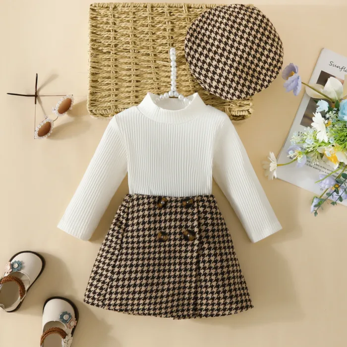 Toddler Baby Girl Skirt Set Fall Clothes Ribbed Tops Houndstooth Mini Skirt Dress Hat 3pcs Winter Outfits - Image 4