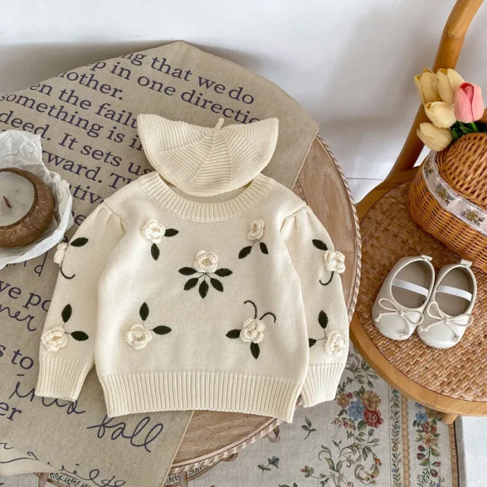 Autumn New Baby Clothing, 0-3-year-old Girl Baby Handmade Flower Embroidered Pullover Knitted Sweater Top