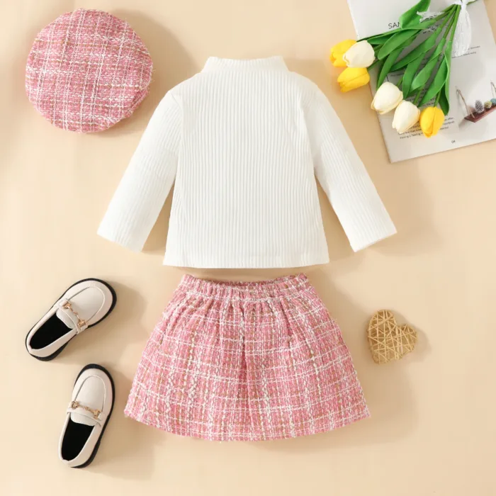 Toddler Baby Girl Skirt Set Fall Clothes Ribbed Tops Houndstooth Mini Skirt Dress Hat 3pcs Winter Outfits - Image 5